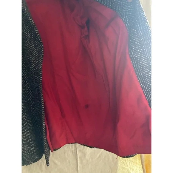 VTG Learsy 100% Wool Herringbone Coat Black White Red Lining Made in Uruguay 12 - Picture 10 of 16